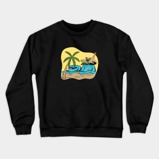 Pug Dog Surfing on the Sea Wave on the Summer Beach Crewneck Sweatshirt